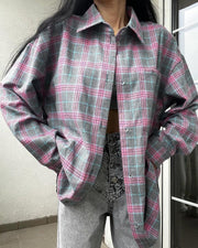 Retro Easy Matching Lapel Loose Plaid Shirt For Women