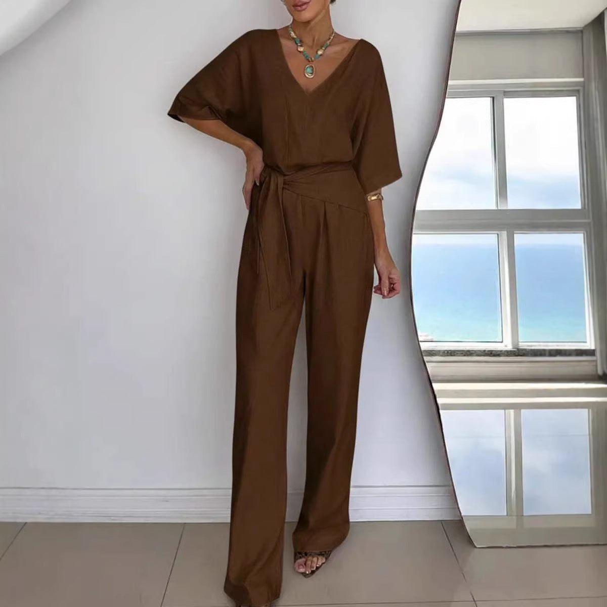 Womens V-neck Casual Mid-length Sleeve Belted Jumpsuit