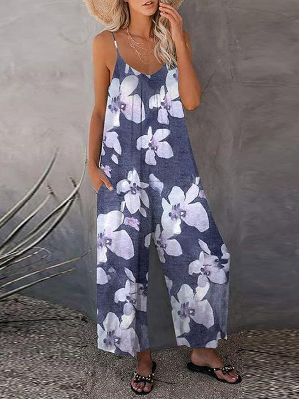 Womens Printed Strap Loose Wide-leg Jumpsuit