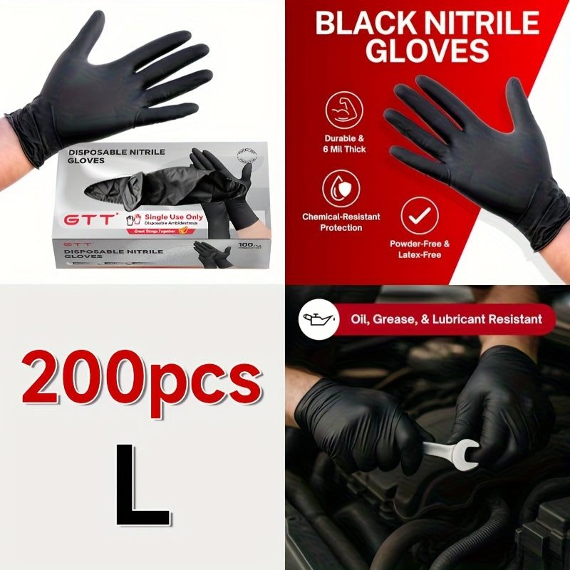 [200 Count Nitrile Gloves] 200 Count Black Nitrile Disposable Gloves | 6 Mil Thickness, Flexible & Form-Fitting, Chemical Protection, Industrial Grade Latex-Free, Maintenance Team Use
