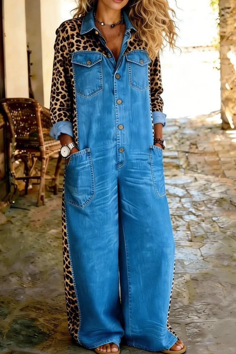 Chic Printed Long-Sleeve Lapel Jumpsuit