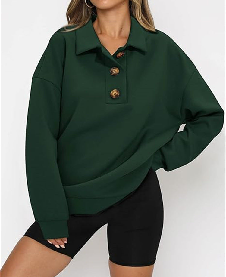Cozy Solid Color Polo Collar Loose Long Sleeve Sweatshirt
