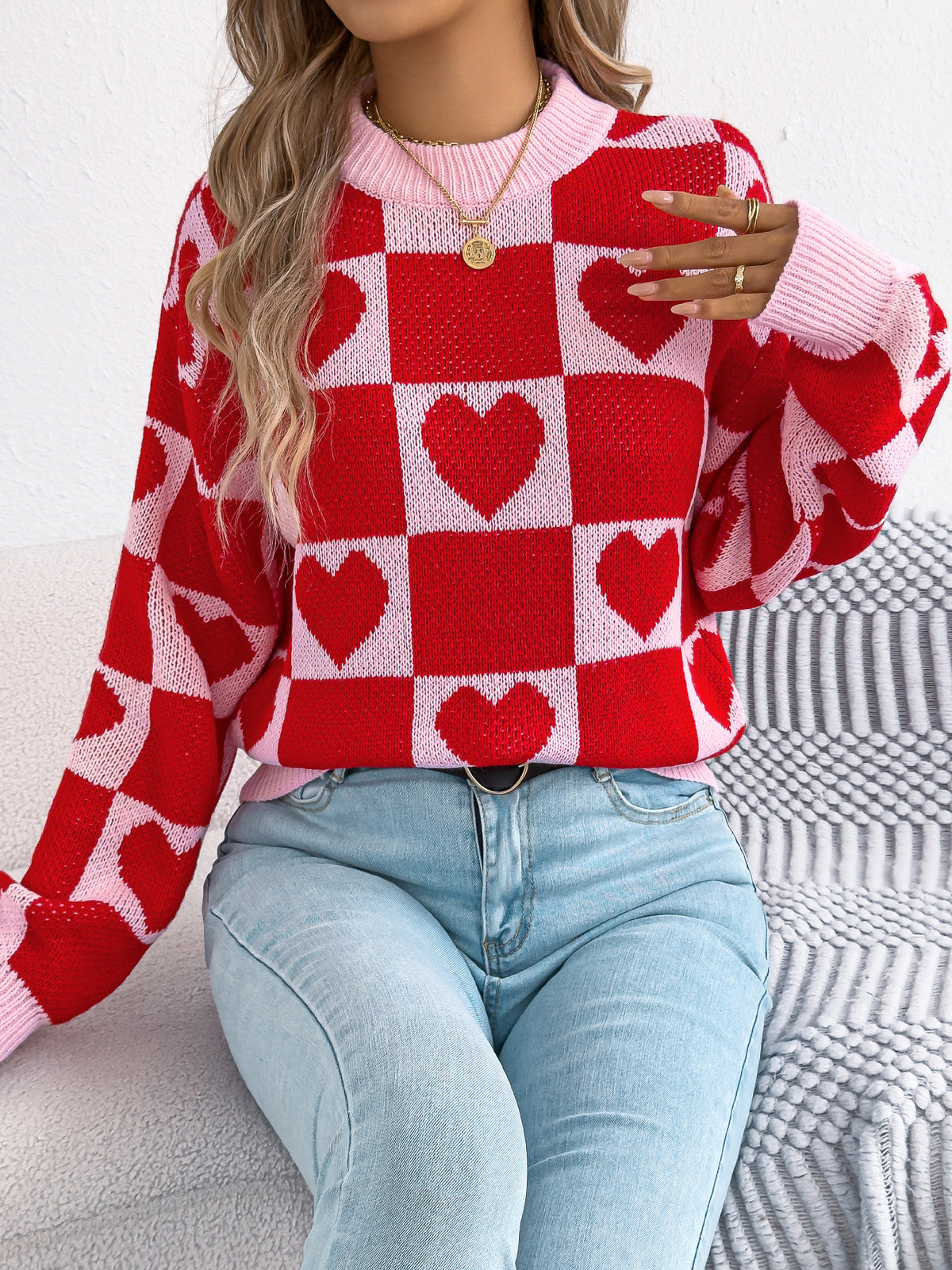 Women's Color-blocked Plaid Heart Lantern Sleeve Pullover Sweater for Valentine's Day