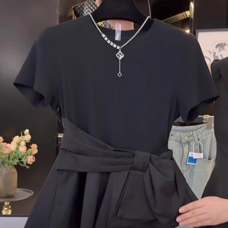 Slimming Waist-cinching Irregularly Patterned Short-sleeved T-shirt With Bow Detail