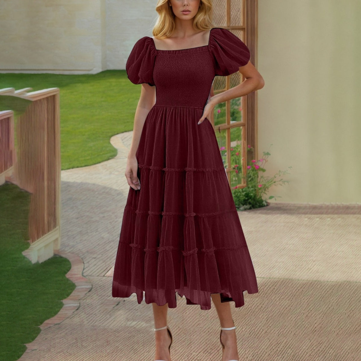 Square-neck Ruffled Casual Sheer Long Dress