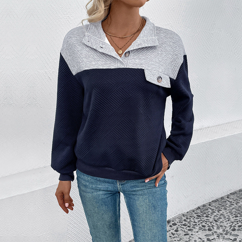Lapel Color Matching Long-sleeved Sweater For Women