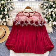 Elegant 3D Floral Mesh Puffed Sleeve Pleated Blouse
