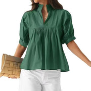 Spring New Womens Elegant Solid-Color Three-Quarter-Sleeve Pleated Shirt
