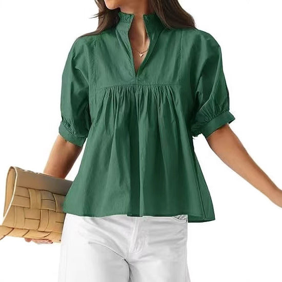 Spring New Womens Elegant Solid-Color Three-Quarter-Sleeve Pleated Shirt