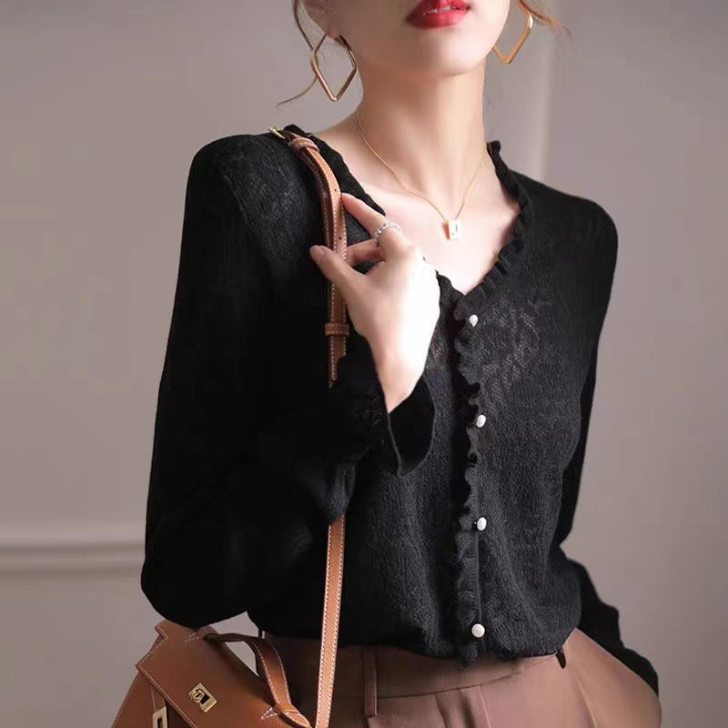 High-grade Hollow-out Lace V-neck Thin Sweater