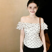 Pure And Alluring Off-shoulder Chiffon Blouse With Ruffled Hemlines