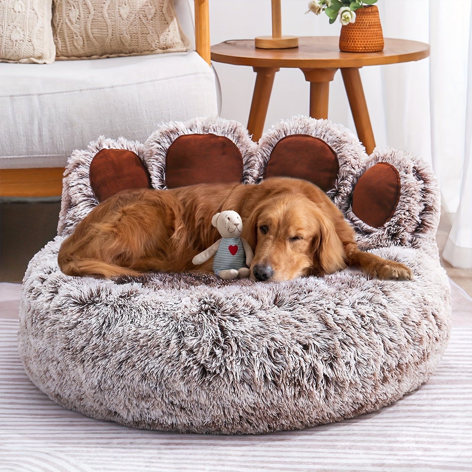 Cute Bear Paw Shaped Dog Bed And Cat Bed, Calm Donut Dog Bed, Warm And Comfortable Soft Dog Round Bed, Plush Dog And Cat Mattress Bed. Give Your Baby A Warm And Comfortable Mattress! with A Pet Scarf