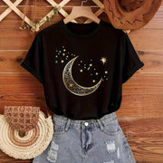 Moon Print Short‑Sleeve Top for Women – Relaxed Fit, Mid‑Length