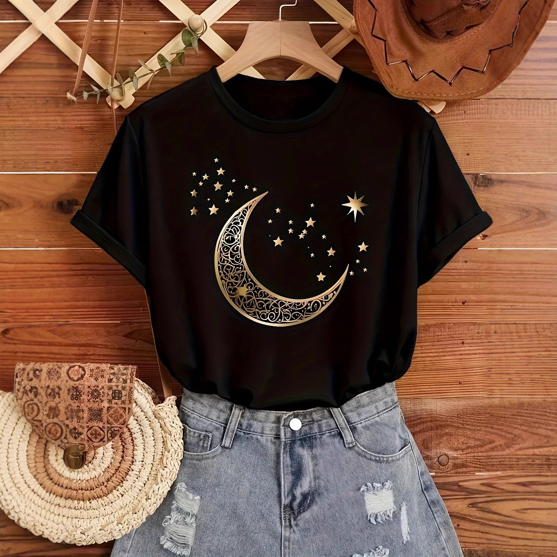Moon Print Short‑Sleeve Top for Women – Relaxed Fit, Mid‑Length