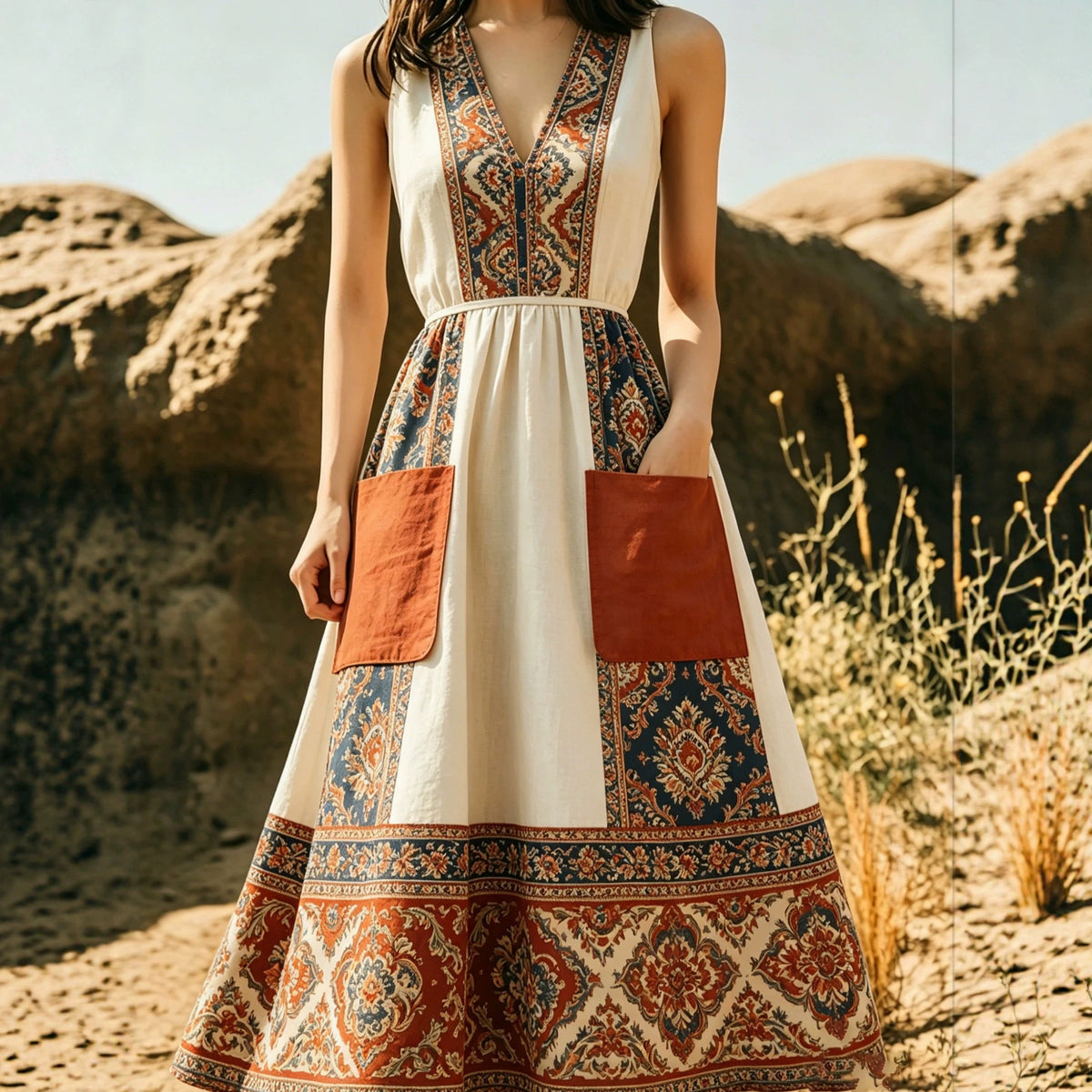 A Figure-hugging Wide-skirted Dress with a Beachy Vibe and Pocketsa Long One