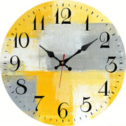 [Silent Clock] Silent Yellow & Gray Abstract Wall Clock | Wooden | Non-Ticking, Battery Operated, Round | Home Decor, Office Decor | Minimalist