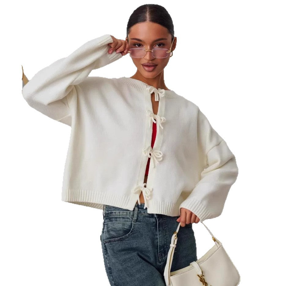 European and American European and American Leisure Loose Cardigan Lace-up Solid Color Knitted Sweater for Women