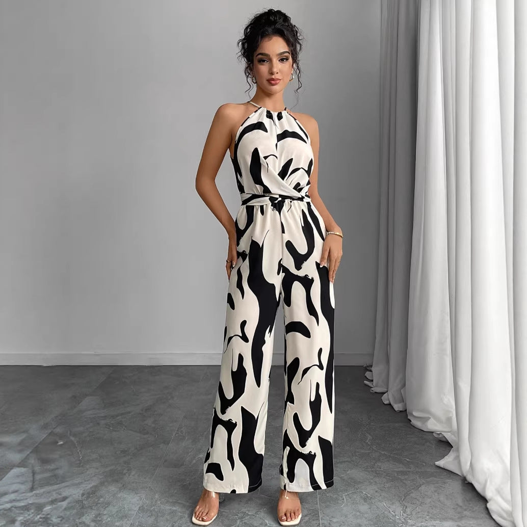 Milk-Stripe Halter-Neck Wide-Leg Jumpsuit
