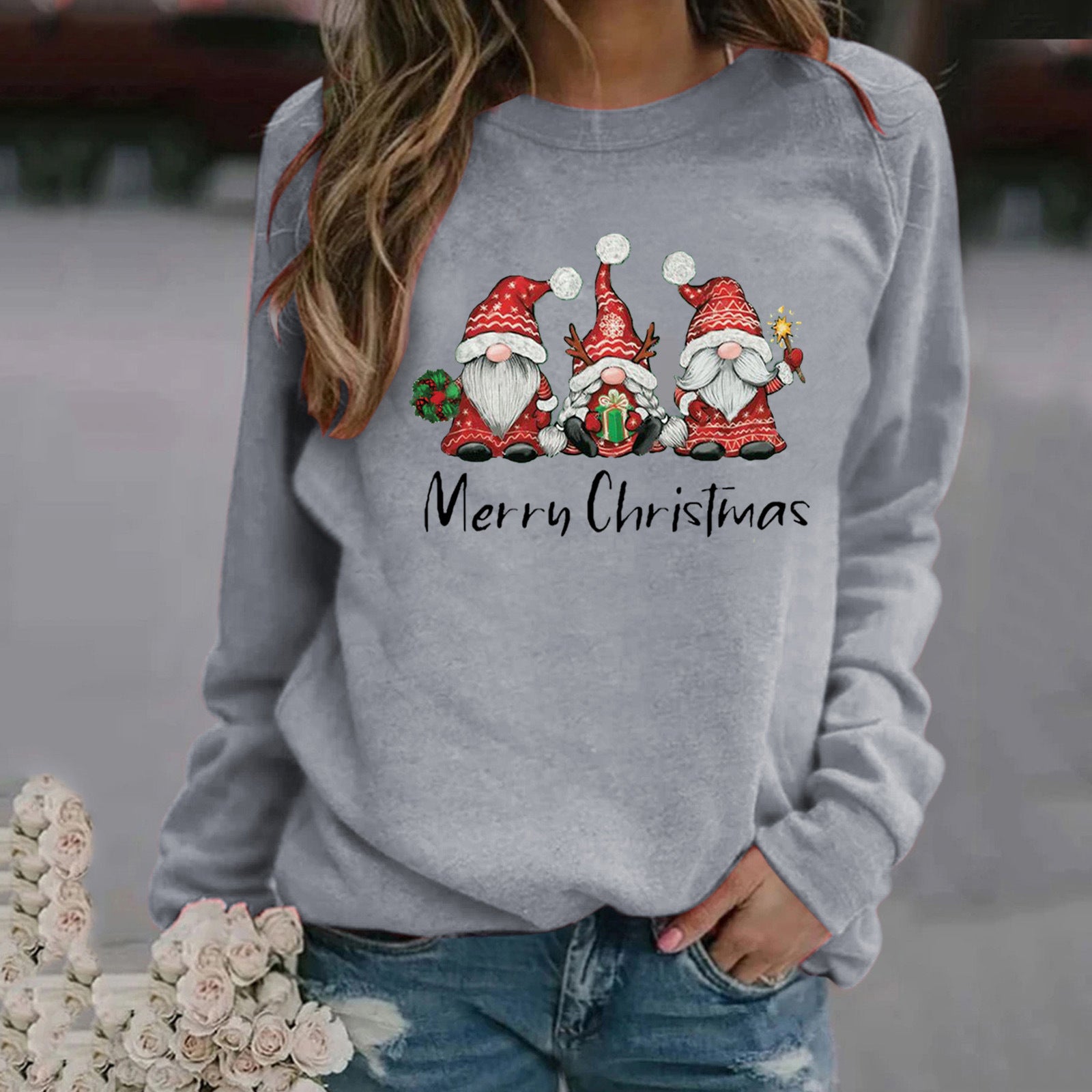 Christmas Pattern Printed Long Sleeve Round Neck Sweater Women
