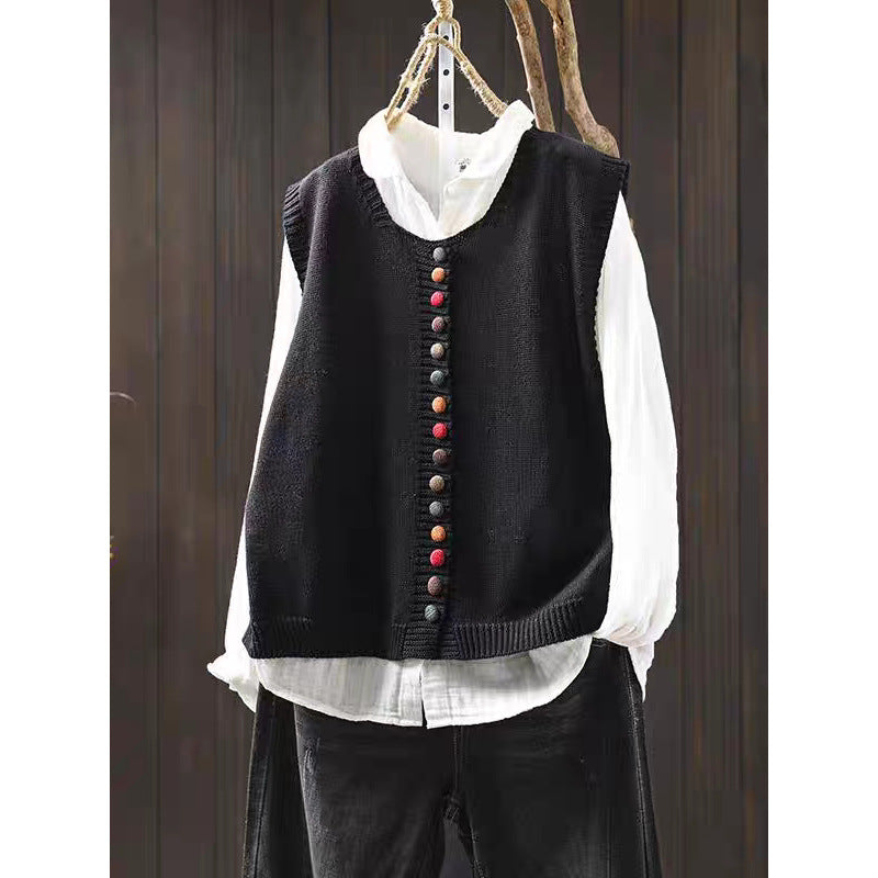 Spring and Autumn Outer Wear Solid Color and V-neck Color Buckle Knitted Cardigan Vest Vest for Women