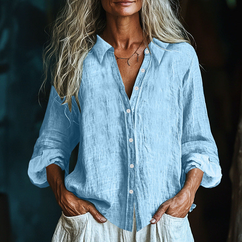 Cotton-linen Style Button-up Womens Shirt New Arrival