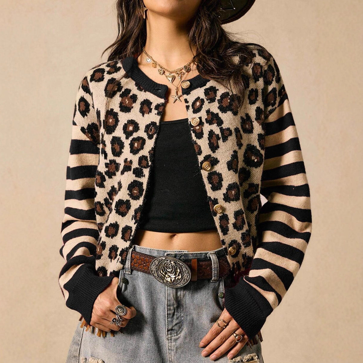 Womens Crew-neck Striped Drop-shoulder Top and Leopard-print Long-sleeve Cardigan