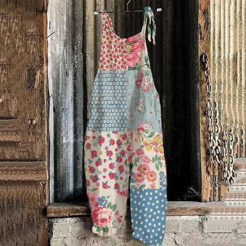 Women's Autumn And Winter Printing Retro Wide Leg Jumpsuit