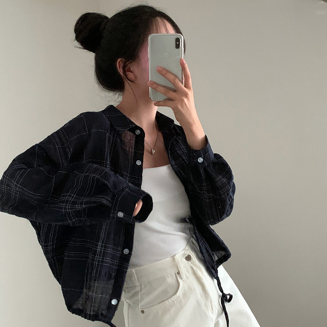Retro Simple Plaid Loose Lapel Drawstring Long Sleeve Shirt