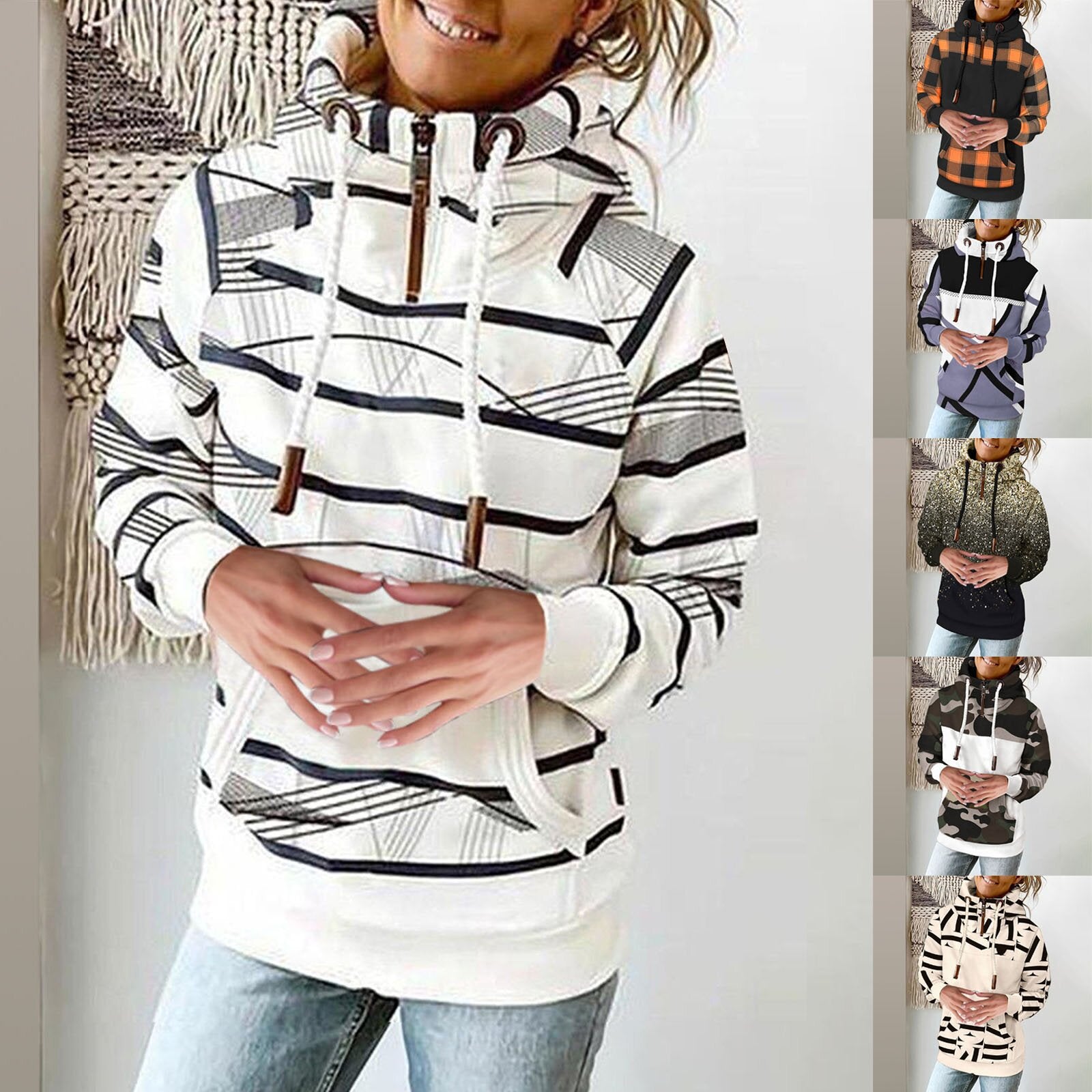 Women's Printed High Neck Fleece Pullover Sweater