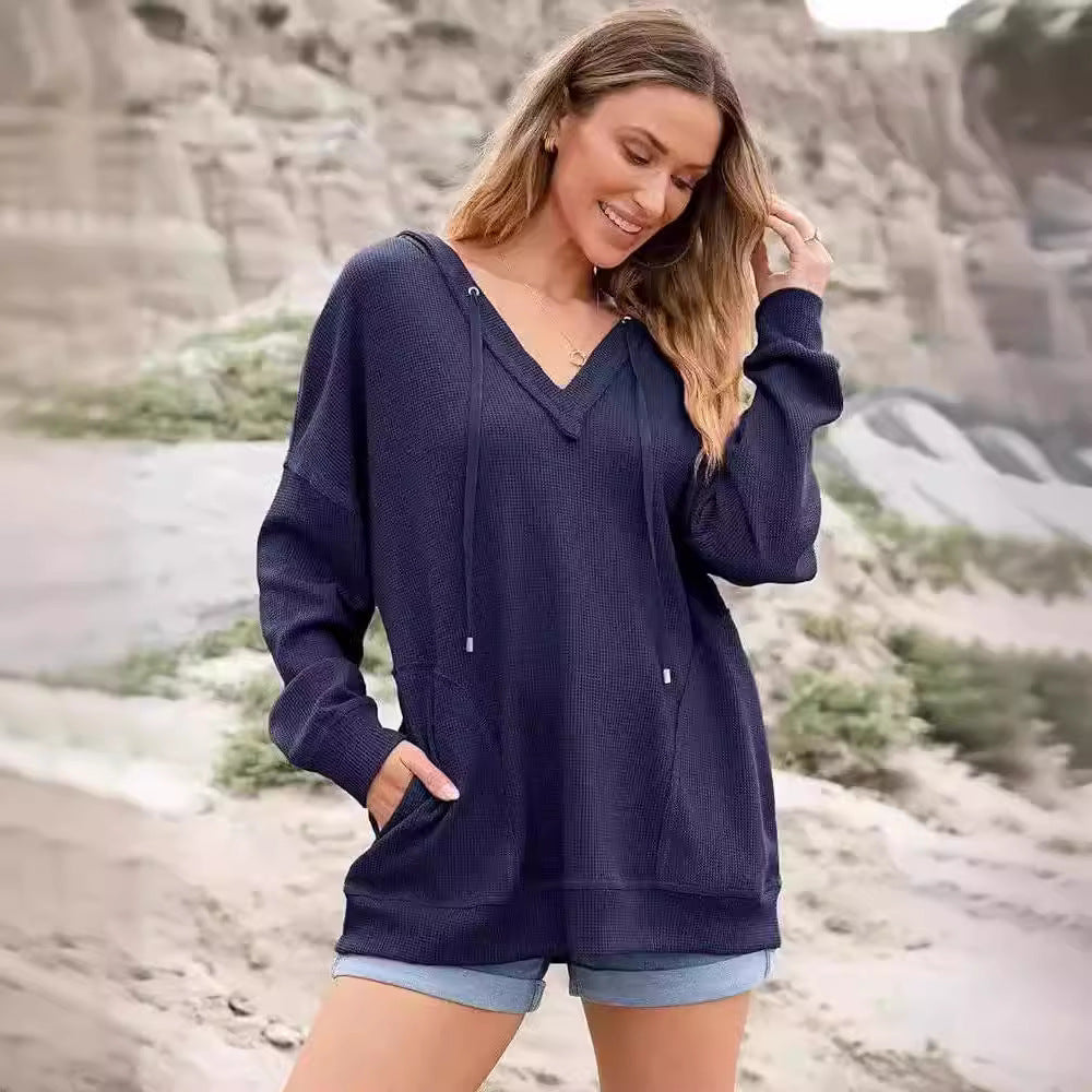 Women's V-Neck Waffle Knit Long-Sleeve Hoodie