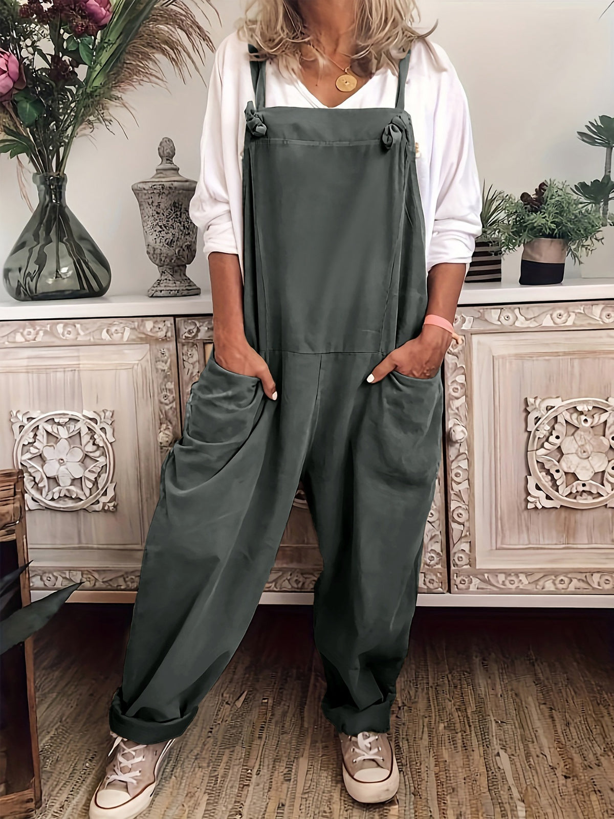 Plus Size Casual Pocket Lace-Up Jumpsuit