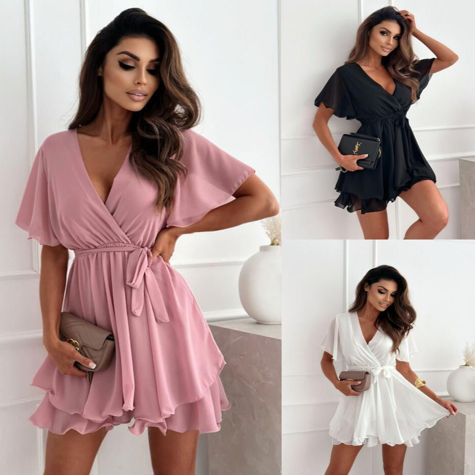 Sexy V-Neck Cross-Strap Ruffled Chiffon Mini Dress