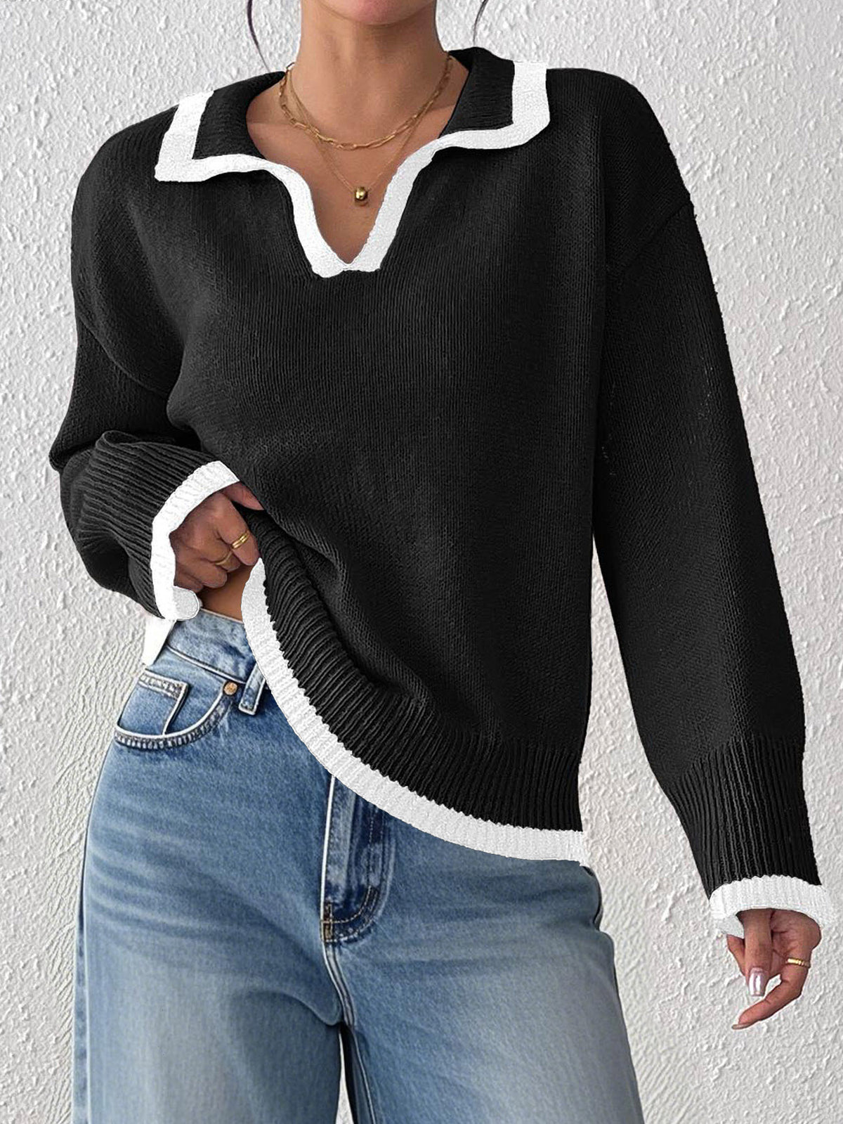 Notch-collar Color-block Patchwork Pullover Sweater