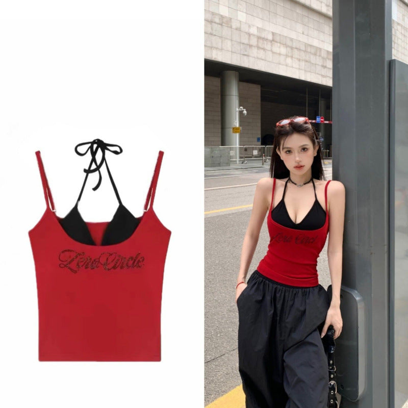 Rhinestone‑Embellished Slim‑Fit Camisole – Sparkling Short Top