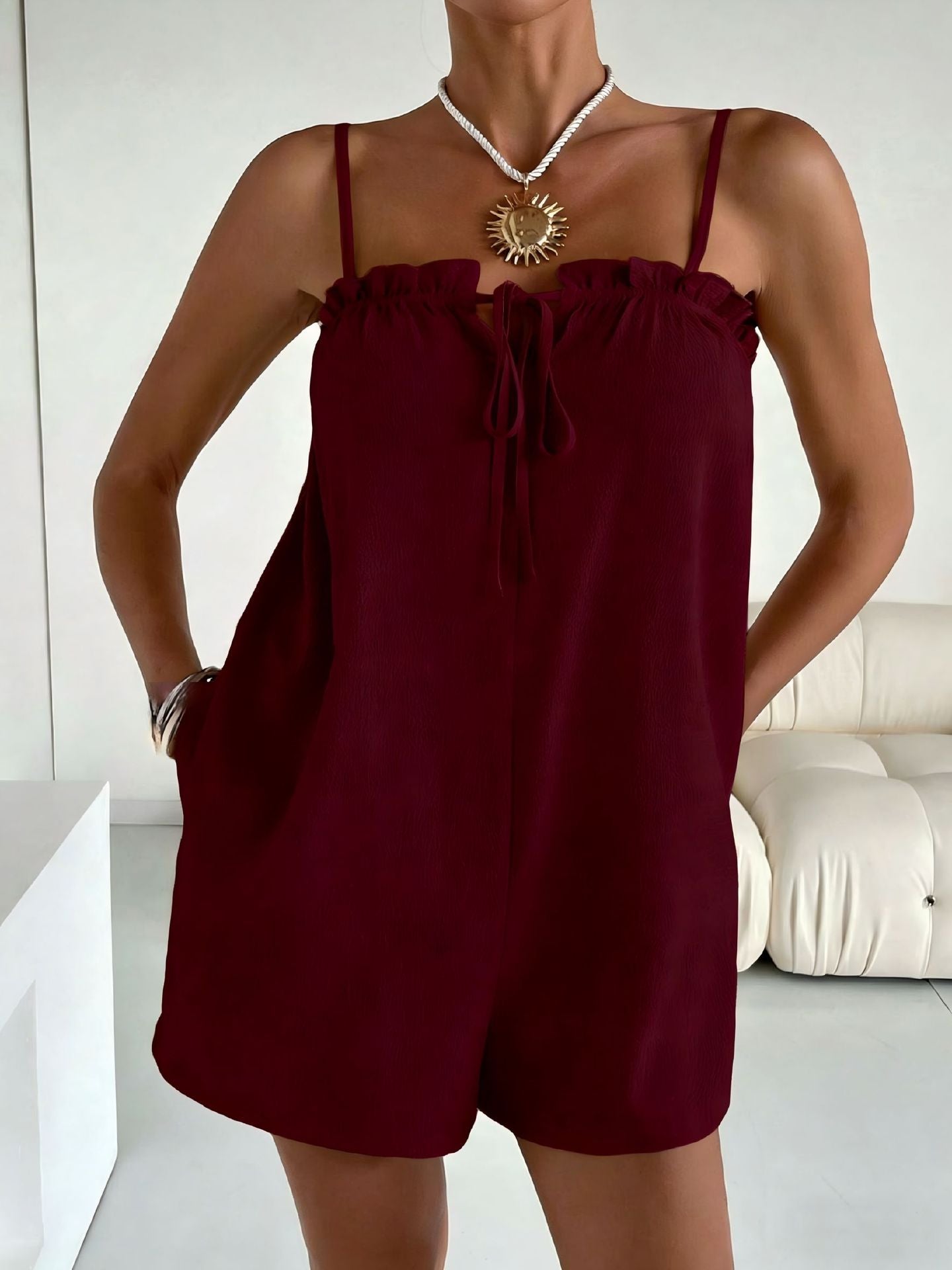 Womens Ice Silk Wrinkled Pure And Alluring Style Fashionable Suspender Jumpsuit