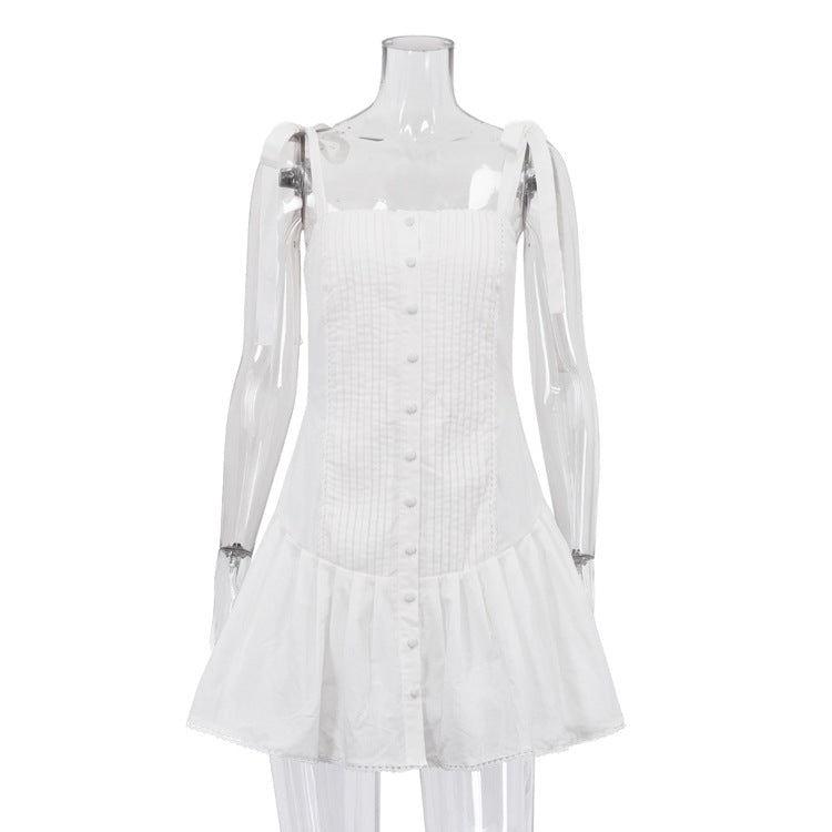 Tie-strap Pintuck Lace Trim Mini Dress