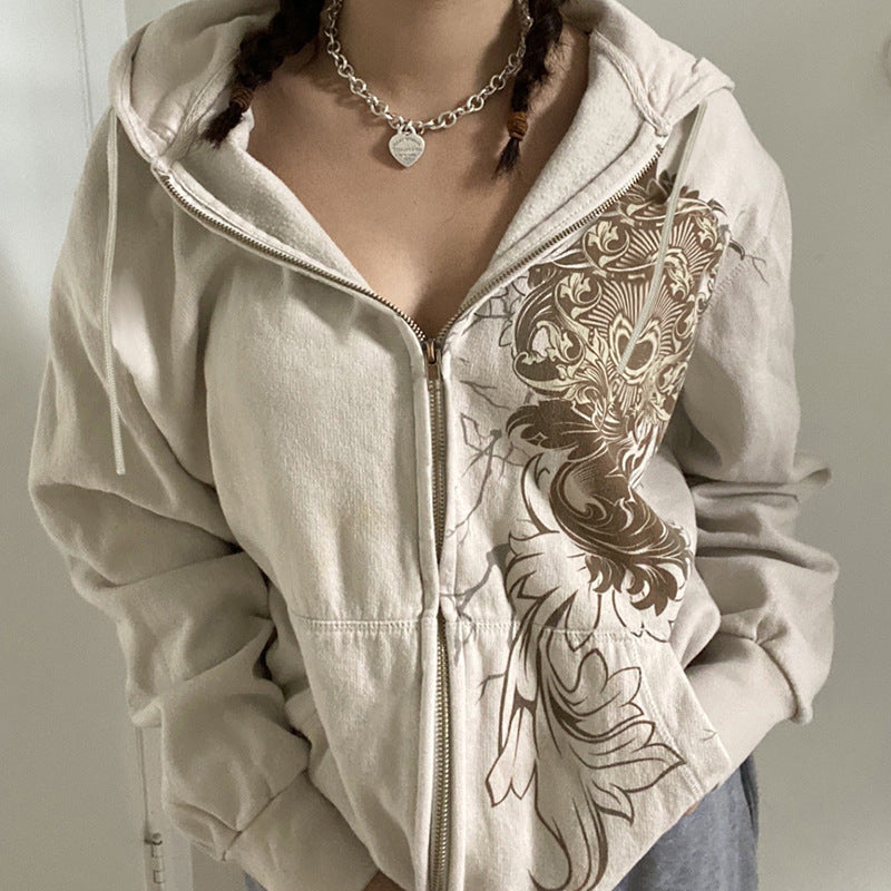 Retro Print Loose Hooded Cardigan Coat