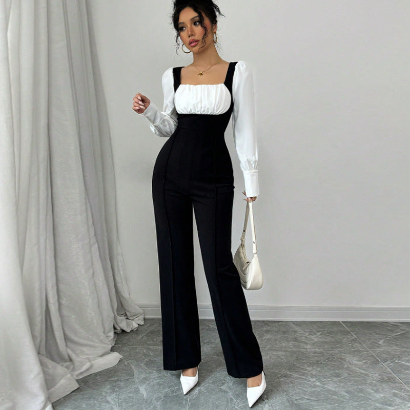 Chic Color-Block Long-Sleeve Straight-Leg Jumpsuit