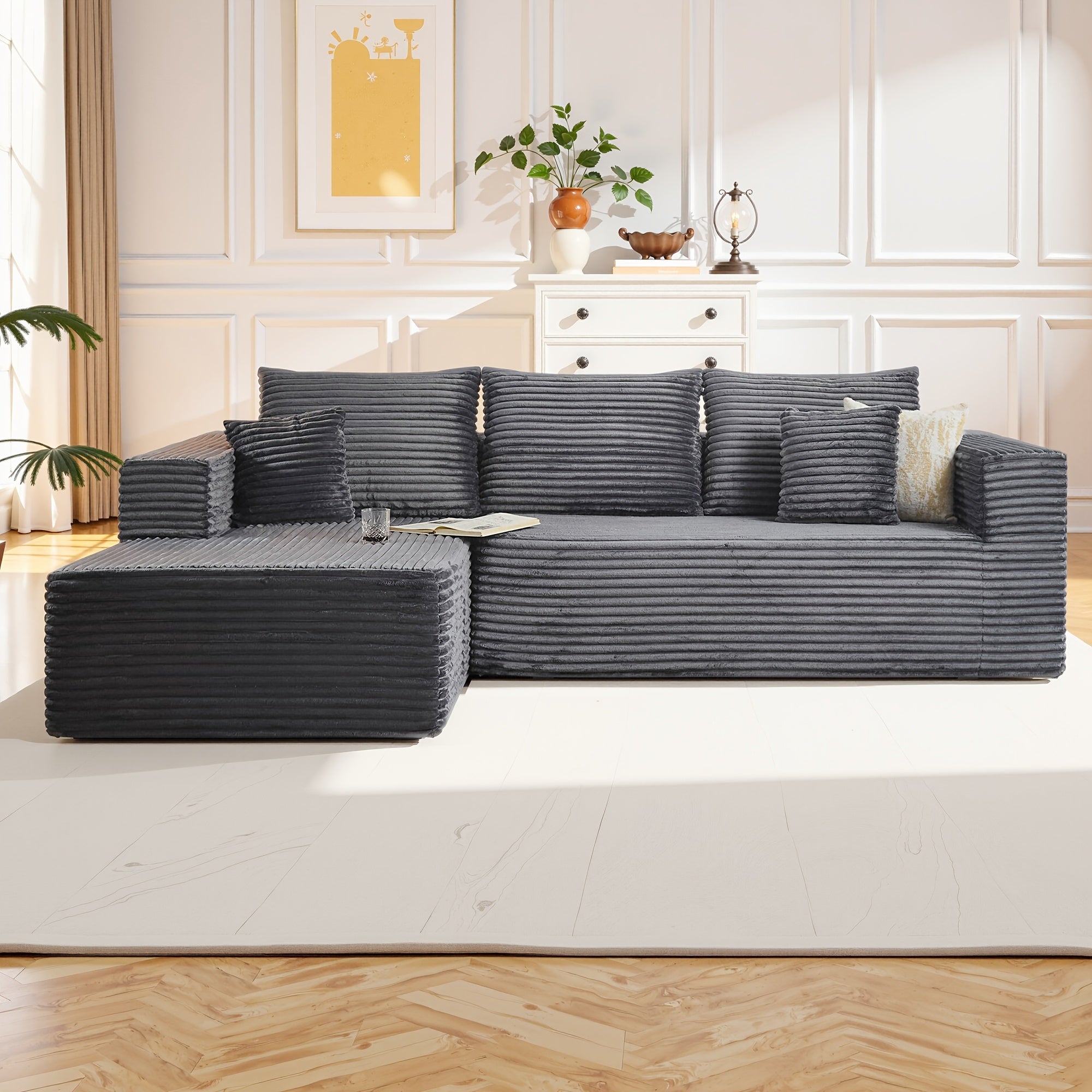 Modular L-shaped chaise longue sofa bed with deep seat and corduroy upholstery