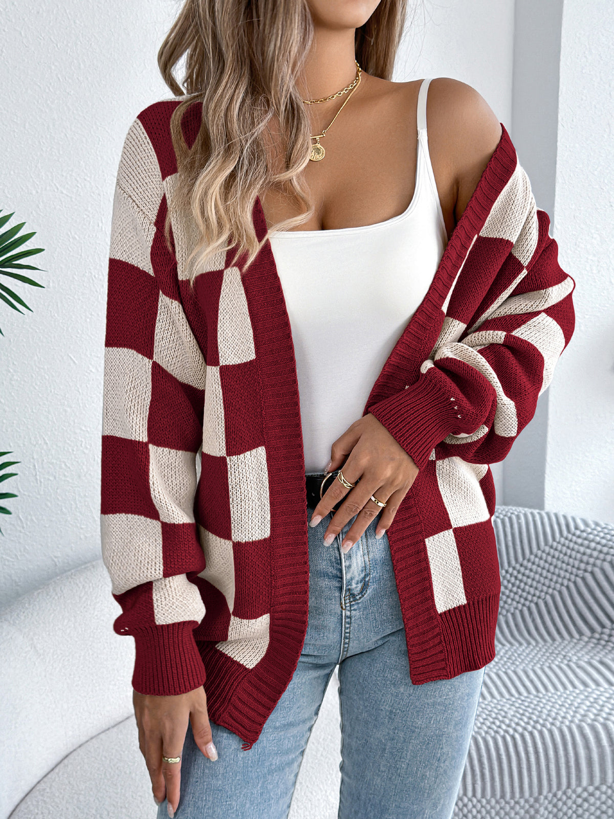 Color Block Plaid Lantern Sleeve Cardigan Sweater Mid-length Coat