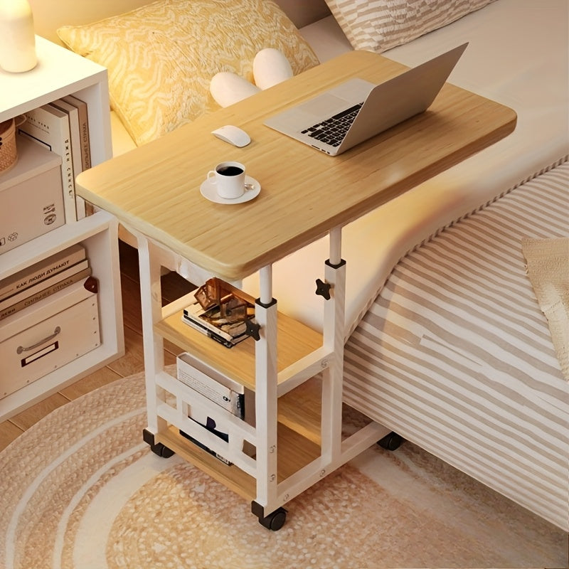 [Mobile Laptop Table] Height-Adjustable Mobile Laptop Table - 4-Wheel Rolling Study/Workstation Desk with Dual Shelves for Bedside/Dorm/Office Use, Sturdy Modern Finish (Space-Saving Design)