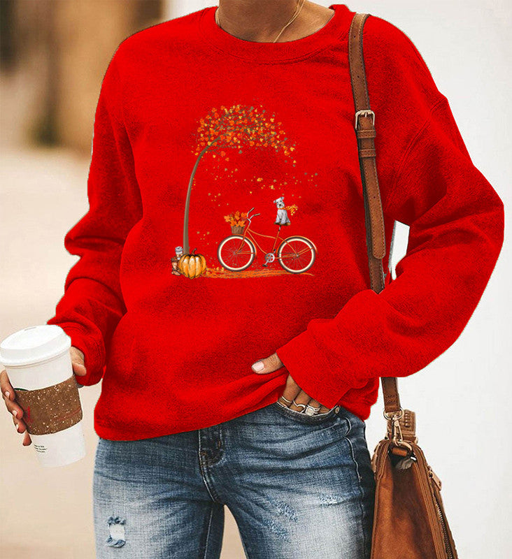 Women's Bicycle Print Fleece Long Sleeve Crew Neck Sweater