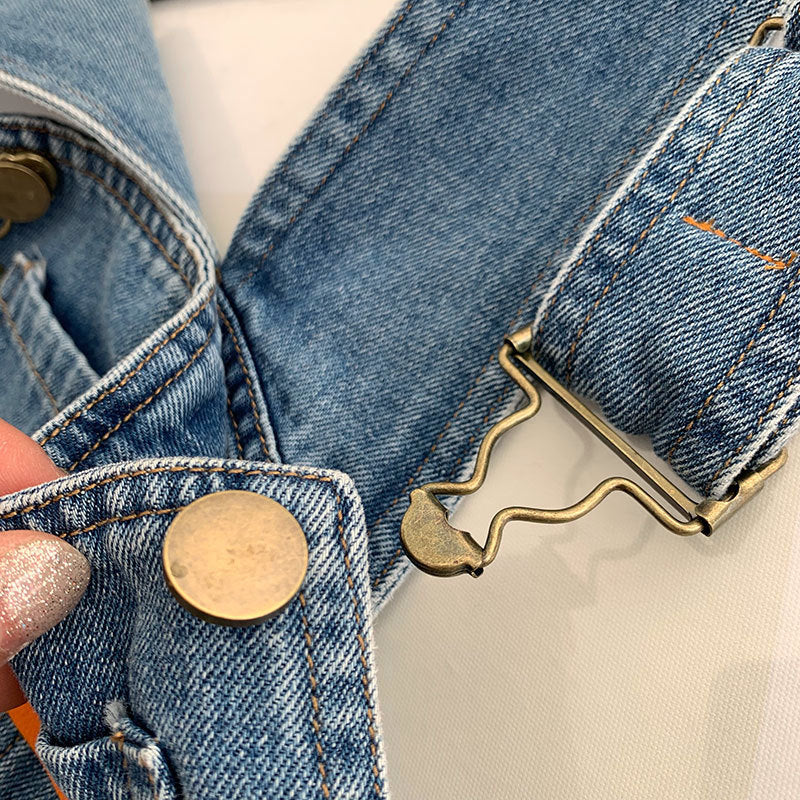 Blue Denim Suspender Pants Women's High Waist Loose