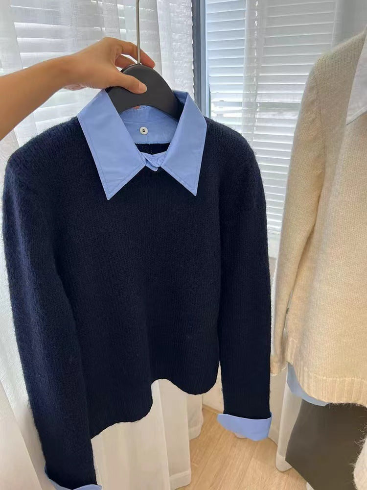 New Autumn Winter Womens Patchwork Faux Two-piece Sweater