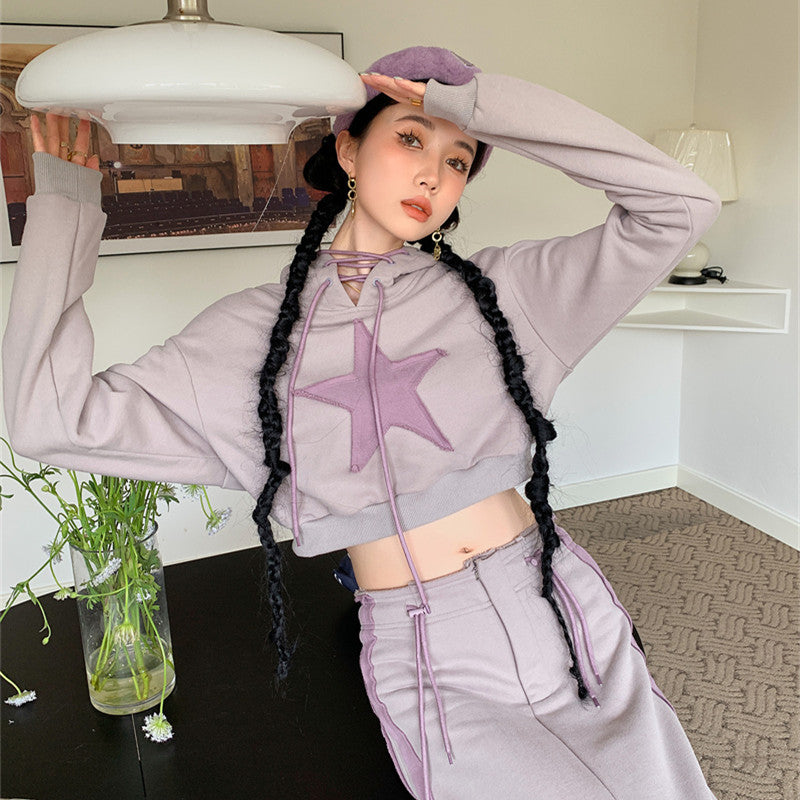 Retro Star Hooded Crop Sweater