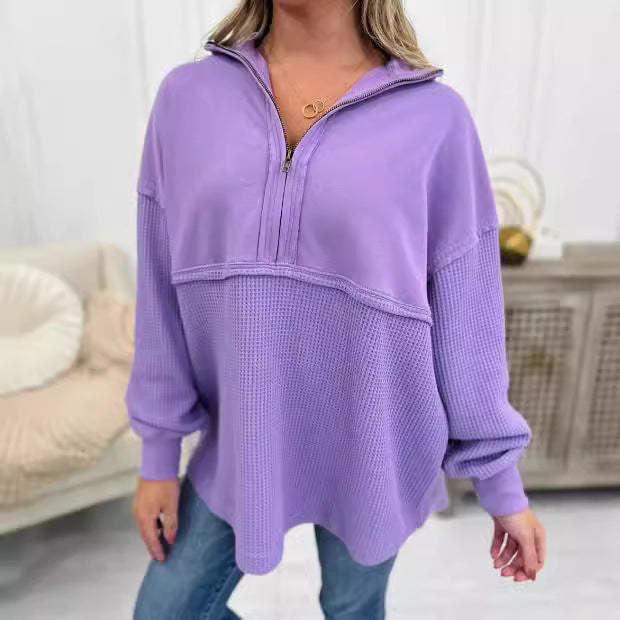 Women's Cozy Zip Patchwork Casual Pullover Sweater