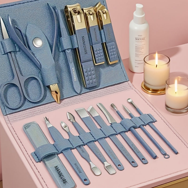 1 sets of 16 premium stainless steel manicure and pedicure kit - Modern style nail clipper kit with straight edge nail file, ear pick, scissors - professional travel beauty care kit