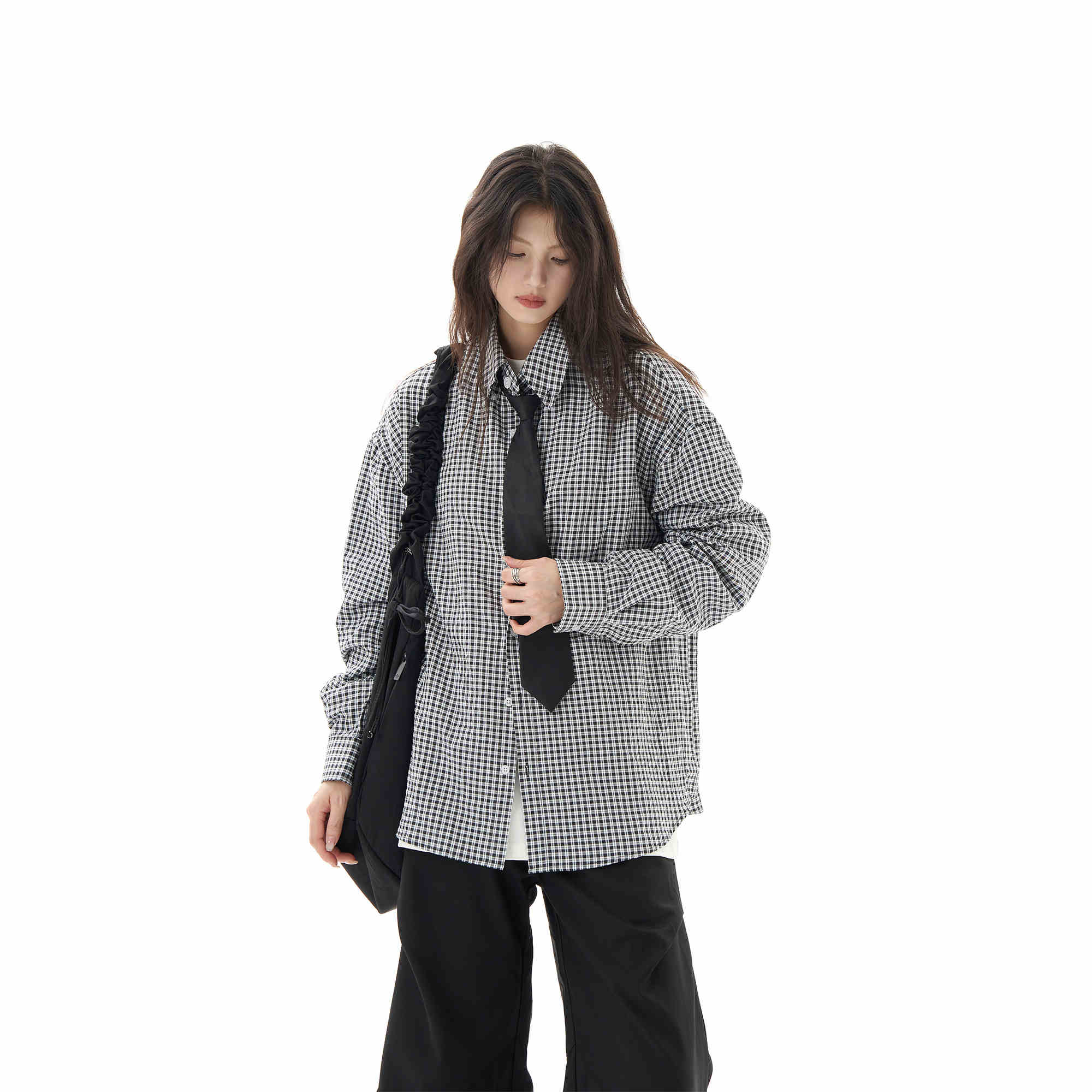 Black Plaid Shirt Long Sleeve Women Casual Loose Shirt Coat