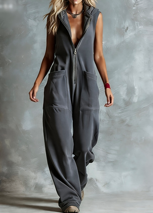 Casual Hooded Loose Wide-Leg Pocket Jumpsuit