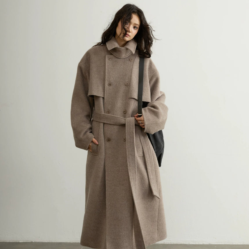 Long Wool Coat with Belted Silhouette